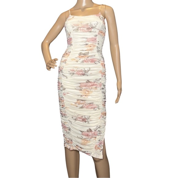 Privy Floral Print Ruched Mesh Body-con Midi side slit Dress Women’s Size Medium - Picture 2 of 8